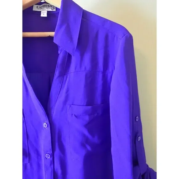 Express Portfolio Shirt Blouse Slim Fit Small Petite Purple Blue Button Front - Picture 7 of 7